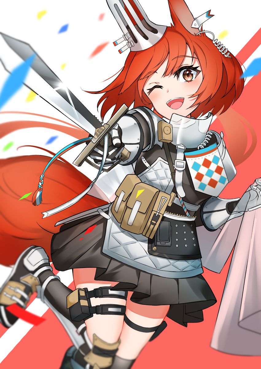 1girl, absurdres, animal_ears, arknights, armor, black_skirt, brown_eyes, earclip