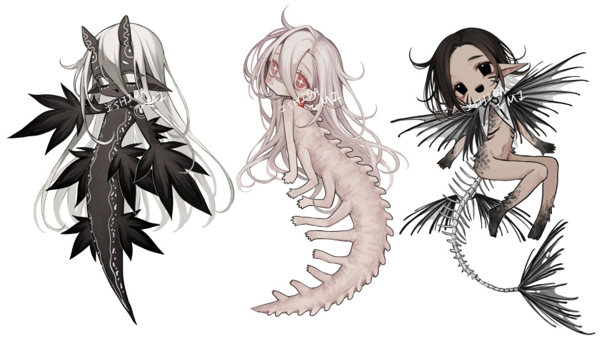 3girls, :d, artist_name, bangs, black_eyes, black_hair, black_ribbon, black_skin