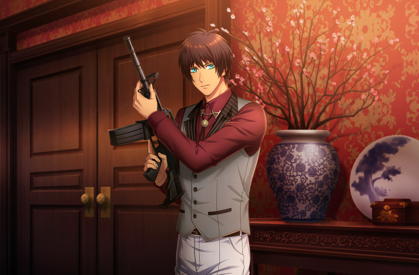 1boy, aijima_cecil, belt, blue_eyes, bolo_tie, box, brown_belt, brown_hair