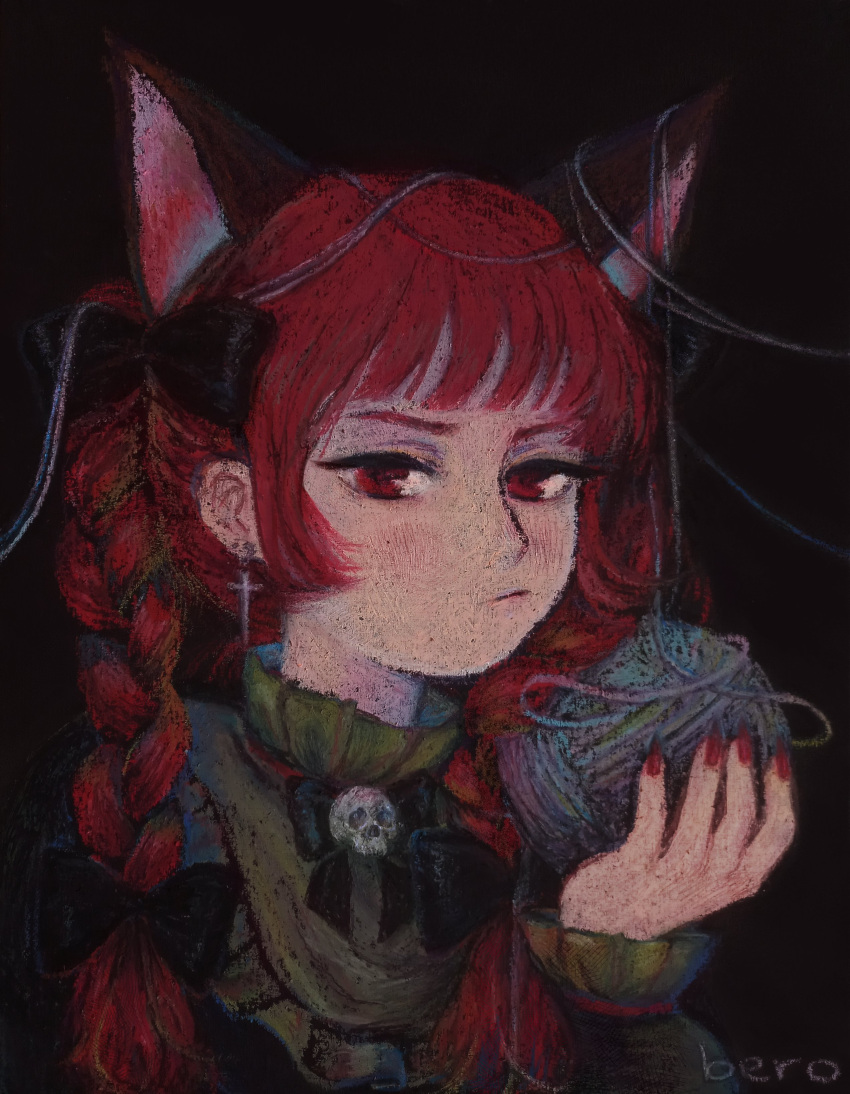 1girl, :/, absurdres, animal_ears, artist_name, bangs, black_background, black_bow