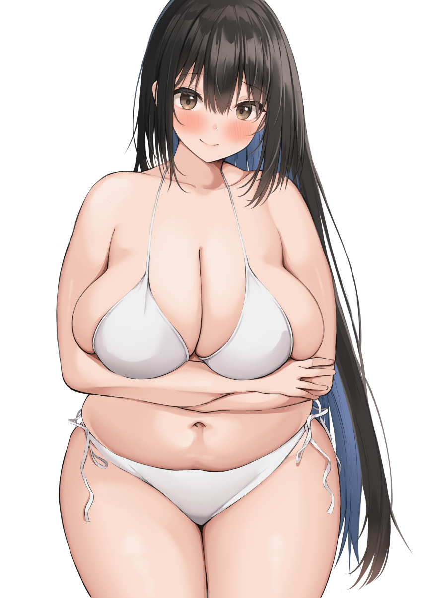 1girl, absurdres, arms_under_breasts, bangs, bikini, black_hair, blush, breasts
