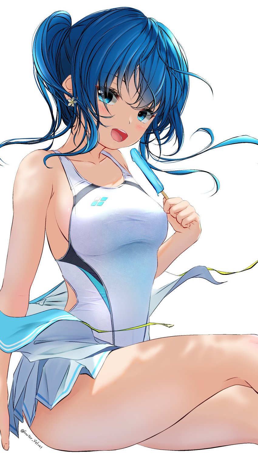 1girl, absurdres, aigami_kaon, blue_eyes, blue_hair, commentary_request, competition_swimsuit, cowboy_shot