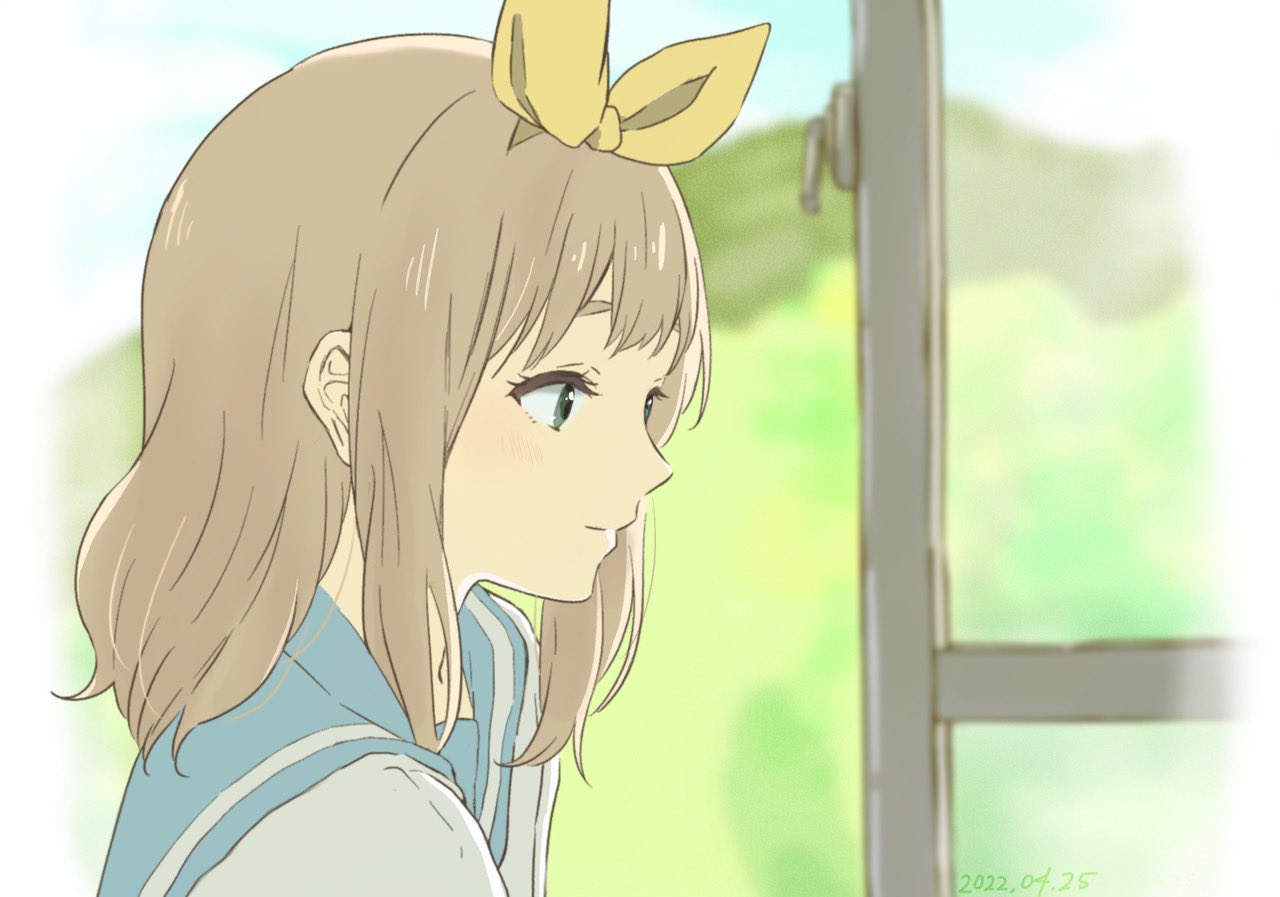 1girl, bangs, blonde_hair, blue_sailor_collar, blurry, blurry_background, blush, closed_mouth, curryisfriend, green_eyes, hair_ribbon, hibike!_euphonium, kitauji_high_school_uniform, long_hair, ribbon, sailor_collar, school_uniform, serafuku, shirt, short_sleeves, smile, solo, white_shirt, window, yellow_ribbon, yoshikawa_yuuko