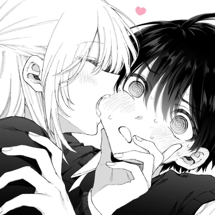 1boy, 1girl, @_@, ahoge, bangs, biting, black_hair, blush, character_name, closed_eyes, commentary_request, couple, ear_blush, fingernails, greyscale, hair_between_eyes, heart, hetero, highres, kawaii_dake_ja_nai_shikimori-san, long_sleeves, maki_keigo, monochrome, open_mouth, shikimori_(kawaii_dake_ja_nai), simple_background, sweat