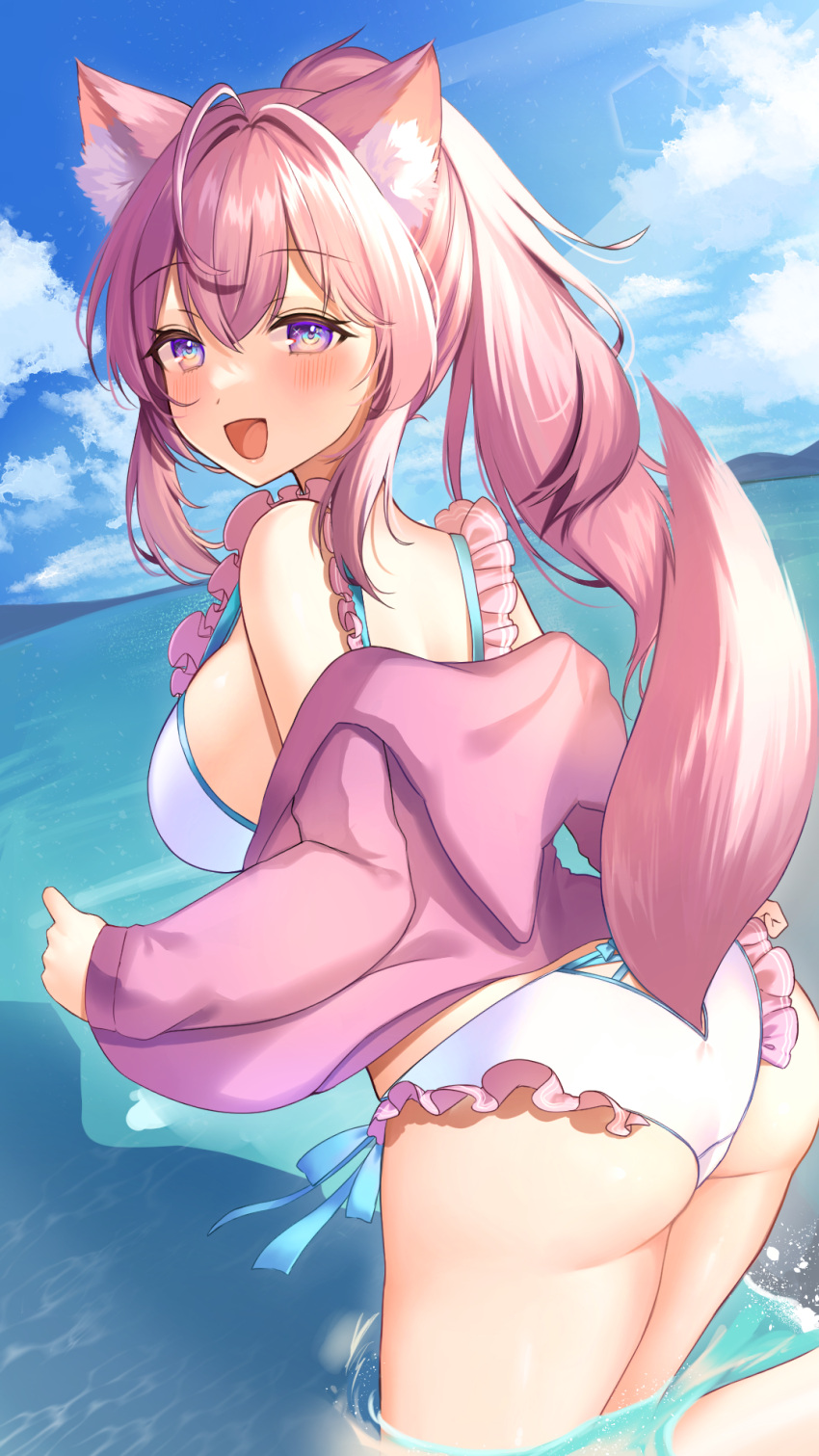 1girl, :d, animal_ear_fluff, ass, bare_shoulders, bikini, breasts, chan'nu