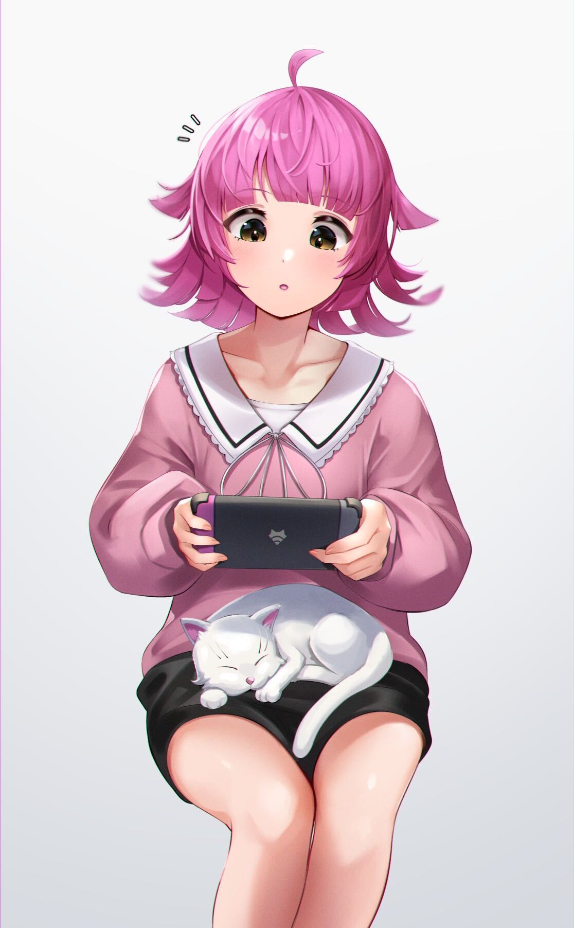 1girl, ahoge, bangs, black_shorts, cat, collarbone, collared_shirt, commentary_request