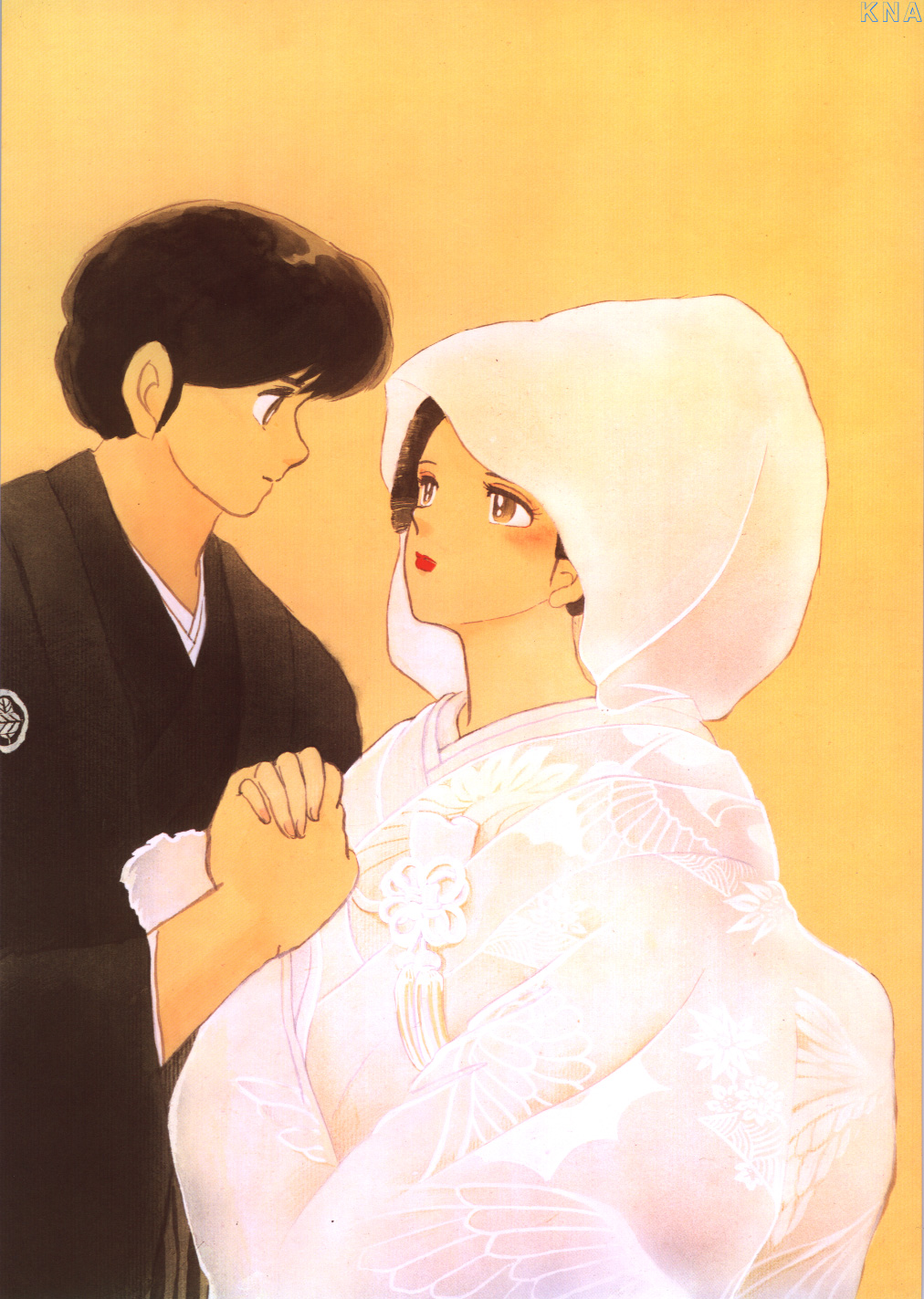 1980s_(style), 1boy, 1girl, black_hair, black_kimono, bride, brown_eyes, colored_background, couple, eyebrows, eyelashes, female, godai_yuusaku, groom, hand_holding, japanese_bridal_wear, japanese_bride, japanese_clothes, kimono, lipstick, looking_at_each_other, maison_ikkoku, makeup, male, montsuki, otonashi_kyouko, shiromuku, short_hair, tagme, wedding, wedding_dress, white_dress, woman
