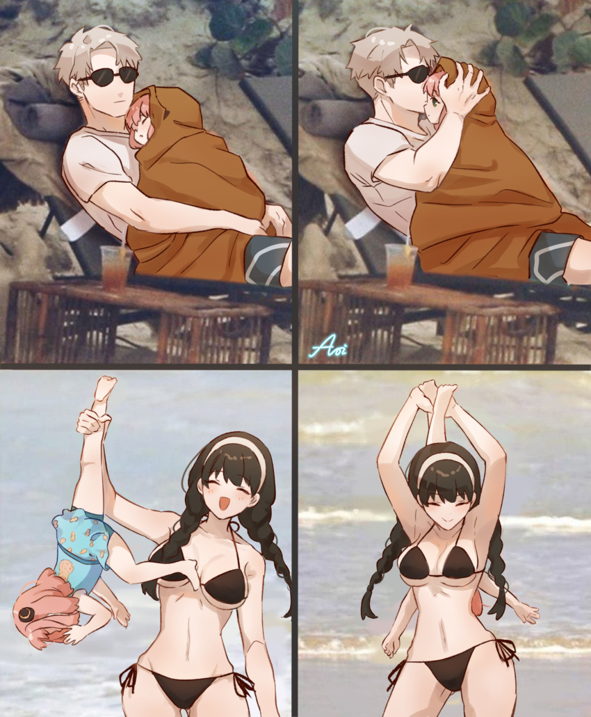 1boy, 2girls, ^_^, ^o^, anya_(spy_x_family), aoirnn, beach, beach_chair, bikini, black_bikini, black_hair, blanket, blonde_hair, blue_swimsuit, braid, breasts, child, closed_eyes, closed_mouth, cup, disposable_cup, drink, drinking_straw, father_and_daughter, green_eyes, hairband, highres, holding_person, kiss, kissing_forehead, large_breasts, leg_grab, lifting_person, long_hair, medium_hair, meme, mother_and_daughter, multiple_girls, multiple_views, navel, outdoors, peanut, photo-referenced, photo_background, pink_hair, shirt, short_hair, shorts, side-tie_bikini, sleeping, spy_x_family, stomach, sunglasses, swimsuit, t-shirt, twilight_(spy_x_family), twin_braids, water, white_hairband, yor_briar