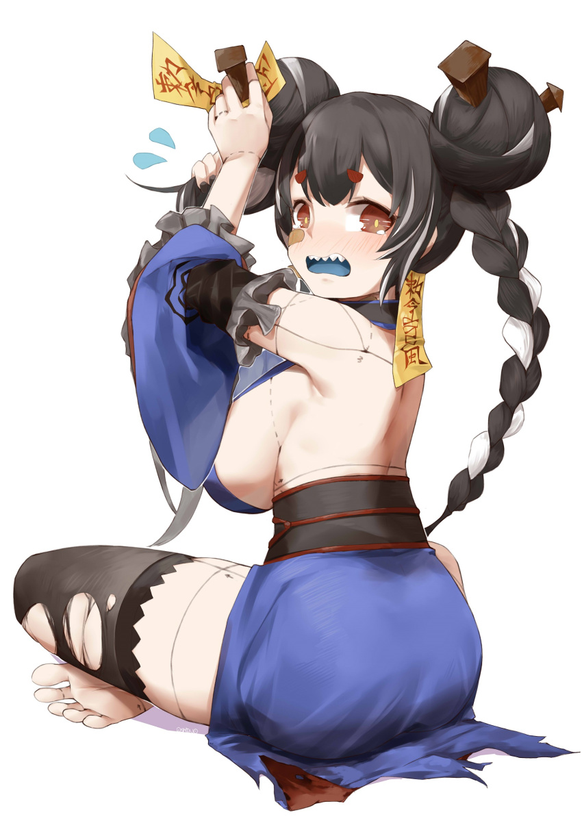 1girl, absurdres, barefoot, black_hair, black_legwear, blue_dress, braid, breasts, chinese_commentary, detached_sleeves, dress, from_behind, highres, indian_style, indie_virtual_youtuber, kuroshima_mayu, large_breasts, looking_at_viewer, multicolored_hair, open_mouth, oshin0_(zheng), sideboob, sitting, soles, solo, streaked_hair, talisman, thigh-highs, toes, torn_clothes, torn_legwear, twin_braids, virtual_youtuber, white_background, white_hair, worried