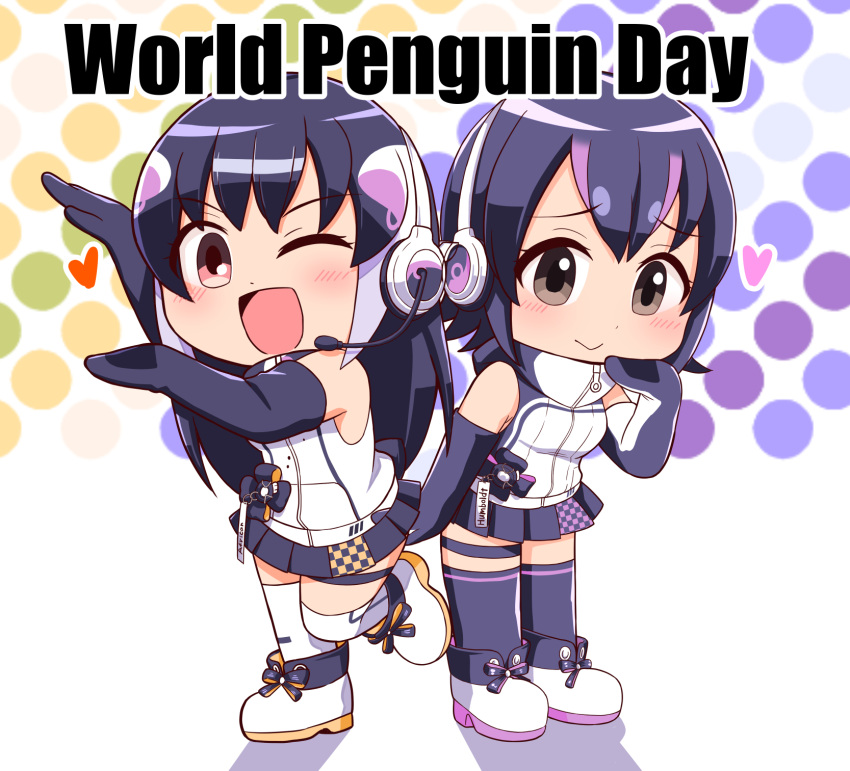 african_penguin_(kemono_friends), animal_costume, black_hair, gloves, headphones, highres, humboldt_penguin_(kemono_friends), kemono_friends