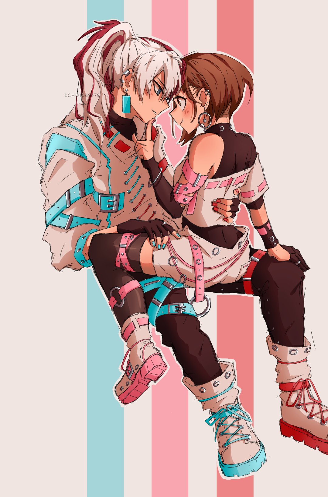 1boy, 1girl, artist_name, bare_shoulders, black_gloves, blue_eyes, blue_nails, blush
