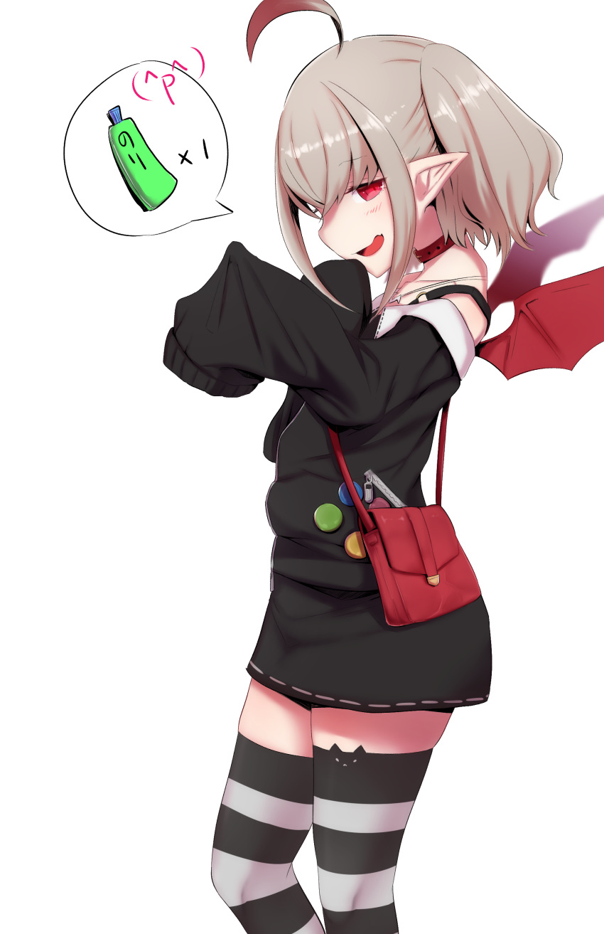1girl, :d, absurdres, ahoge, animal_ear_legwear, bag, bat_wings, belt_collar