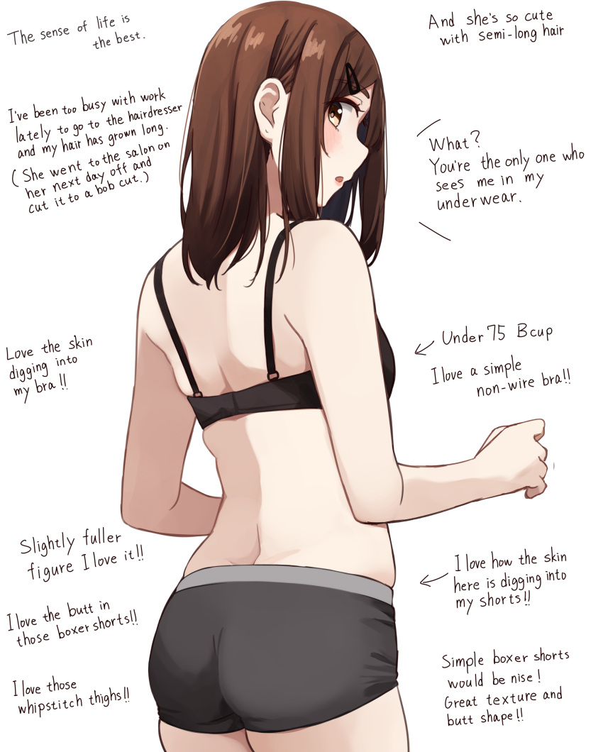 1girl, absurdres, alternate_language, arrow_(symbol), ass, bare_arms, bare_shoulders, black_panties