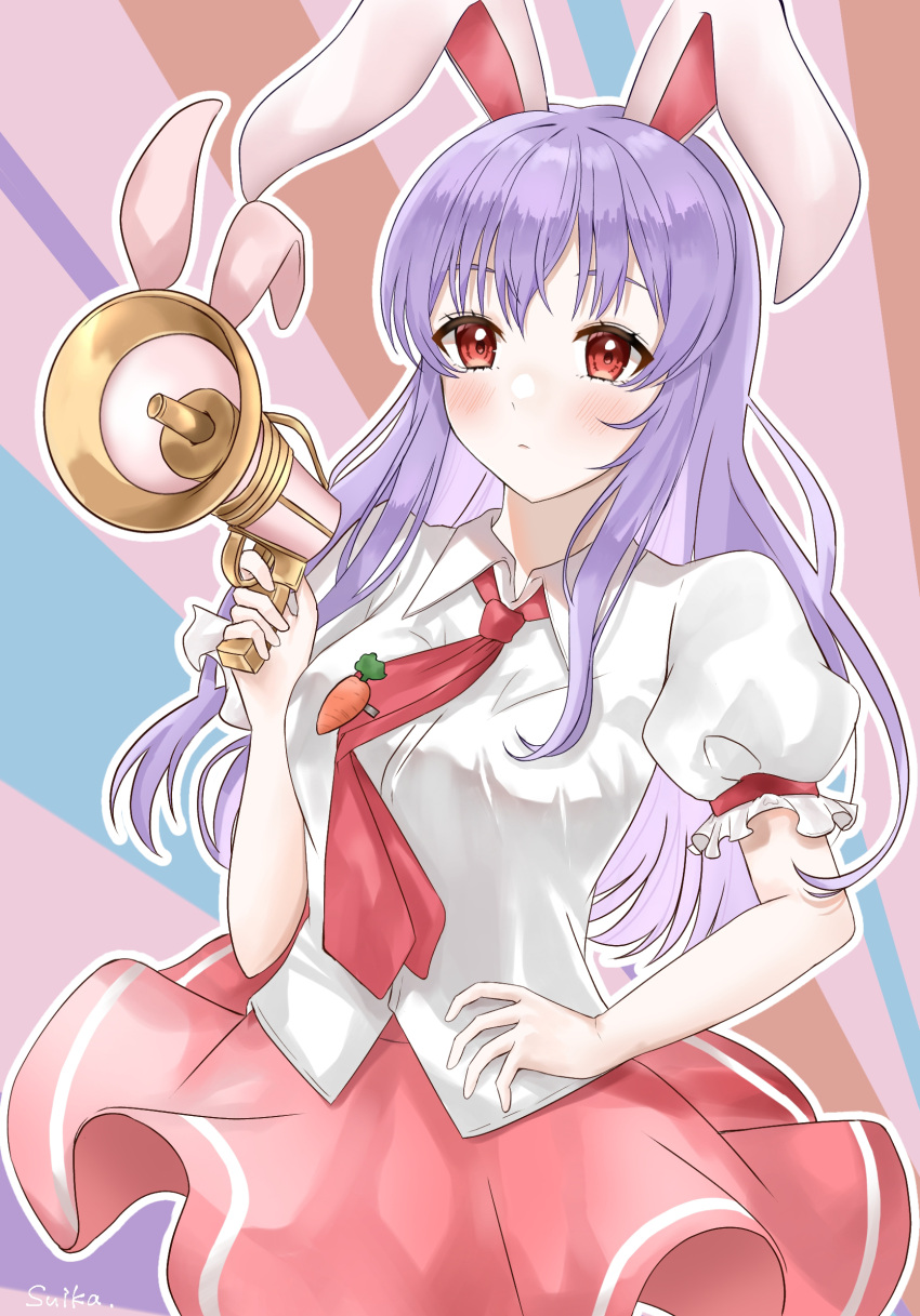 1girl, animal_ears, artist_name, bangs, blue_background, blush, breasts, brown_background, carrot_pin, closed_mouth, collared_shirt, commentary_request, eyebrows_visible_through_hair, eyelashes, gun, hair_between_eyes, hand_on_hip, hand_up, highres, hoshino_suika, long_hair, looking_to_the_side, lunatic_gun, medium_breasts, multicolored_background, necktie, pink_background, pink_skirt, puffy_short_sleeves, puffy_sleeves, purple_background, purple_hair, rabbit_ears, red_eyes, red_necktie, reisen_udongein_inaba, shirt, short_sleeves, skirt, solo, standing, striped, striped_background, touhou, weapon, white_shirt