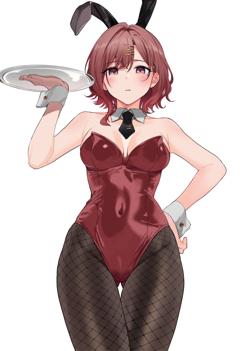 1girl, absurdres, animal_ears, black_legwear, black_necktie, blush, breasts, breasts_apart