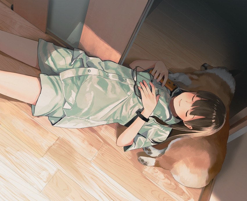 1girl, bangs, black_hair, blunt_bangs, cellphone, closed_eyes, collared_shirt, commentary_request