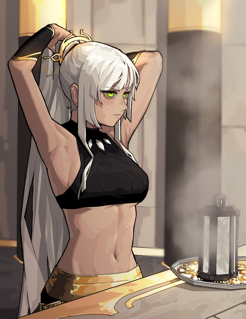 1girl, absurdres, bangs, bare_shoulders, black_pants, breasts, closed_mouth, dark-skinned_female