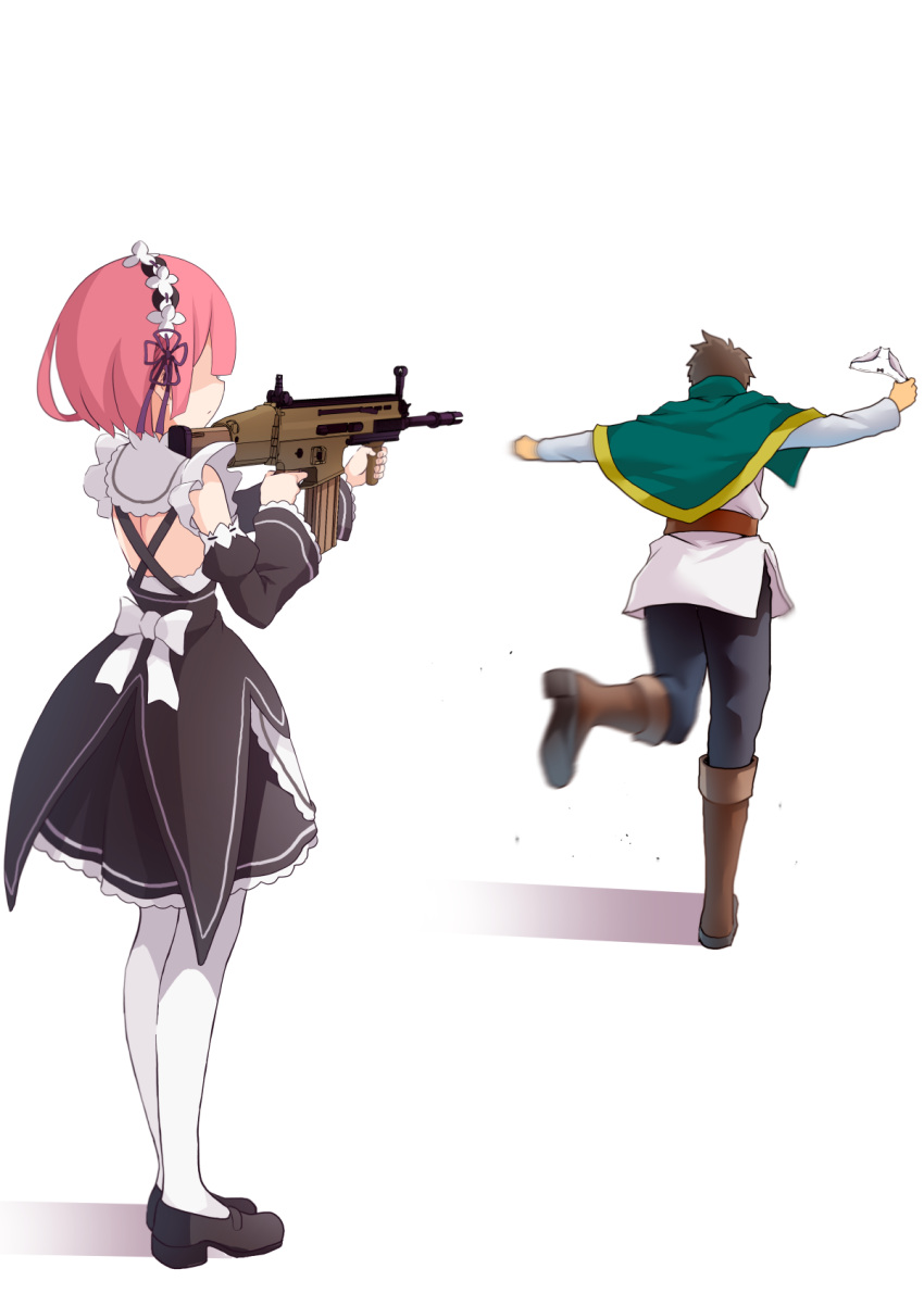 1boy, 1girl, aiming, bangs, black_dress, black_footwear, boots, brown_footwear, brown_hair, capelet, commentary, detached_sleeves, dress, faceless, faceless_female, flower, from_behind, green_capelet, gun, hair_flower, hair_ornament, highres, holding, holding_clothes, holding_gun, holding_panties, holding_underwear, holding_weapon, isekai_quartet, knee_boots, kono_subarashii_sekai_ni_shukufuku_wo!, loafers, long_sleeves, panties, pants, pink_hair, ram_(re:zero), re:zero_kara_hajimeru_isekai_seikatsu, roswaal_mansion_maid_uniform, satou_kazuma, shirt, shoes, short_hair, simple_background, standing, standing_on_one_leg, underwear, weapon, white_background, white_legwear, white_panties, white_shirt, wide_sleeves, yasehattagi