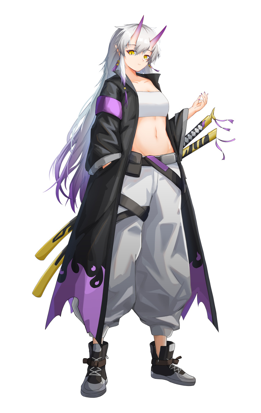 1girl, absurdres, bai_shiro@, bandeau, bangs, belt, black_belt, black_coat, black_footwear, breasts, coat, commentary_request, full_body, gradient_hair, hair_between_eyes, hand_in_pocket, highres, horns, katana, long_hair, looking_at_viewer, midriff, multicolored_hair, nail_polish, navel, oni_horns, open_clothes, open_coat, original, pants, purple_hair, purple_nails, scabbard, sheath, sheathed, shoes, simple_background, small_breasts, sneakers, solo, standing, stomach, strapless, sword, tube_top, very_long_hair, weapon, white_background, white_hair, white_pants, yellow_eyes