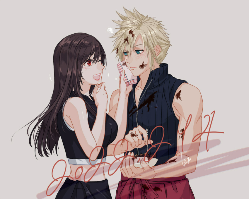 1boy, 1girl, apron, bare_shoulders, black_hair, blonde_hair, blue_eyes, blush