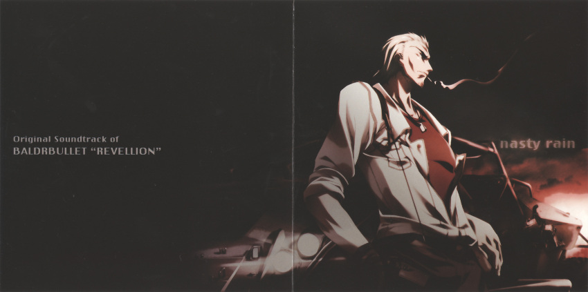 1boy, album_cover, baldr_(series), baldr_bullet, black_gloves, black_pants, cigarette, collarbone