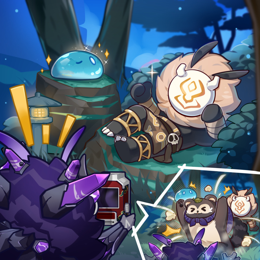 bake-danuki_(genshin_impact), black_skin, camera, chibi, colored_skin, genshin_impact, highres, hilichurl_(genshin_impact), mask, night, official_art, outdoors, shaman, slime_(creature), slime_(genshin_impact), tribal