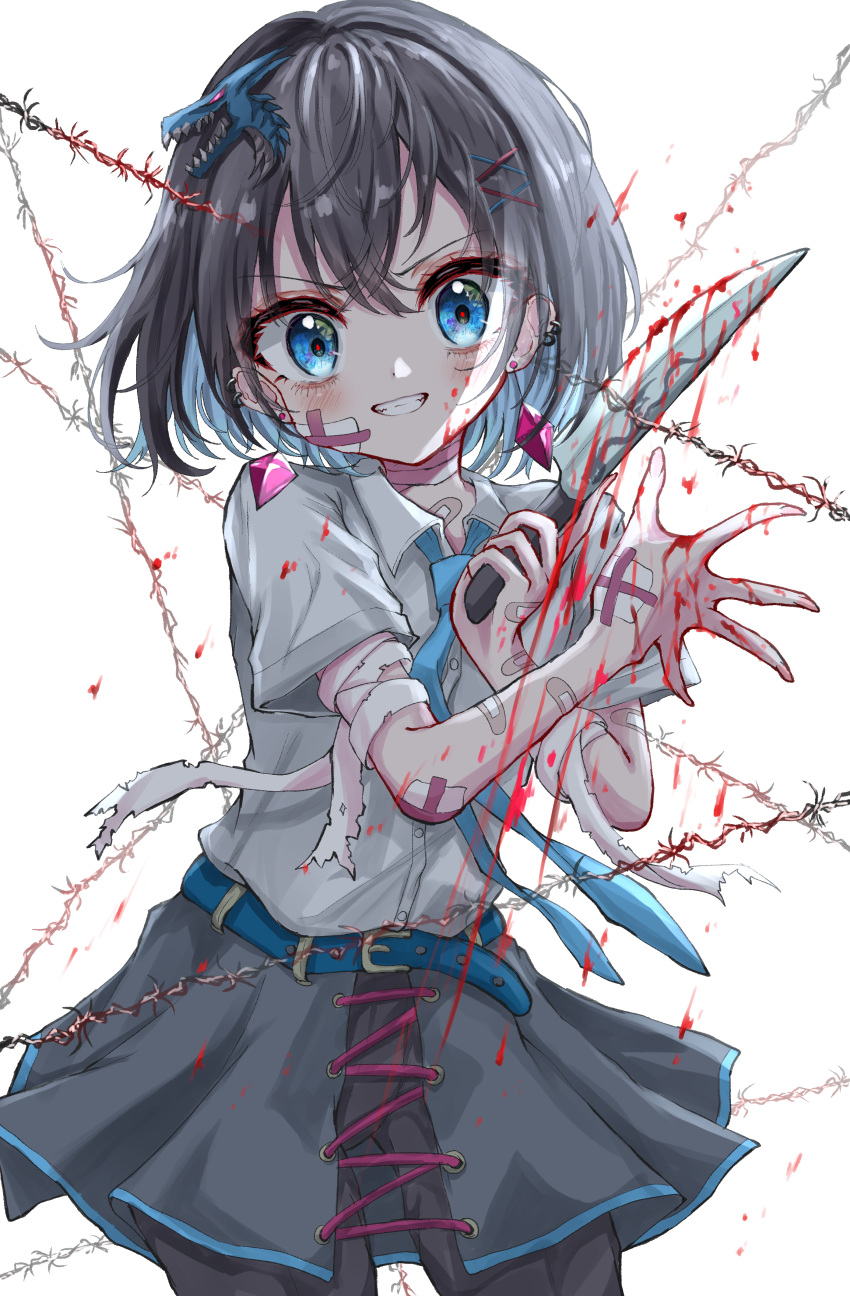 >:), 1girl, absurdres, bags_under_eyes, bandage_on_face, bandaged_arm, bandaged_hand, bandages