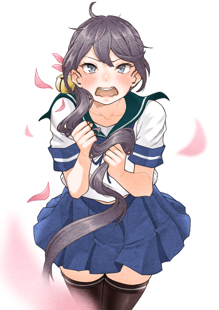 1girl, absurdres, akebono_(kancolle), akebono_kai_(kancolle), bell, black_legwear, blue_sailor_collar, blue_skirt