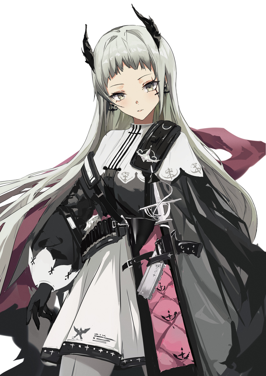 1girl, arknights, belt, black_skirt, brown_eyes, cowboy_shot, earrings, facial_mark, grey_legwear, gun, head_wings, high-waist_skirt, highres, irene_(arknights), itsukitoo, jewelry, long_hair, long_sleeves, looking_at_viewer, pantyhose, parted_lips, puffy_long_sleeves, puffy_sleeves, scar, scar_across_eye, scar_on_face, sheath, sheathed, silver_hair, simple_background, skirt, solo, sword, very_long_hair, weapon, white_background, white_skirt