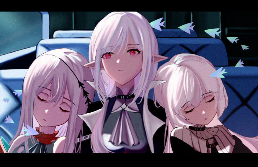 3girls, arknights, ascot, bangs, bare_shoulders, closed_eyes, commentary_request, cube_(cuberoot-of-e)