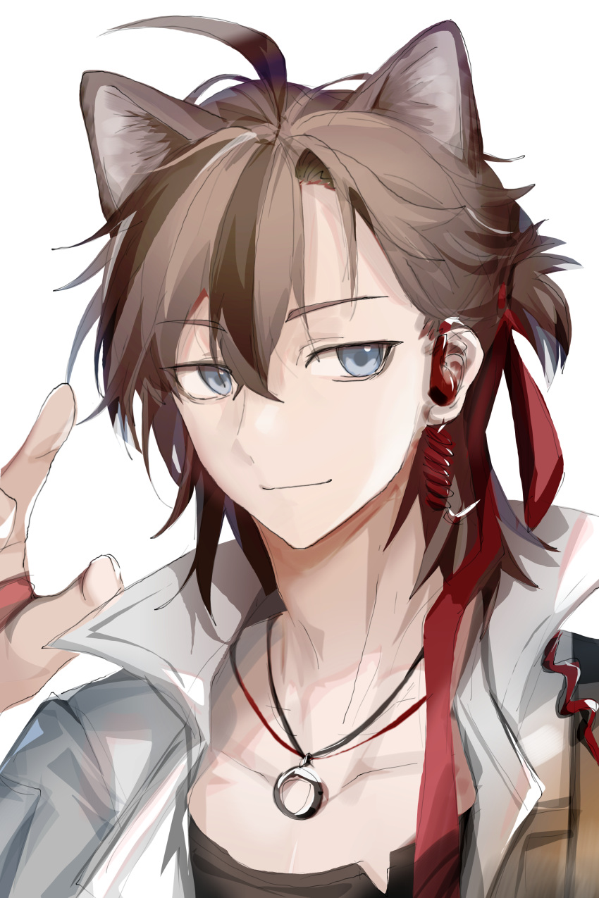 1boy, absurdres, ahoge, animal_ears, arknights, bishounen, blue_eyes, brown_hair