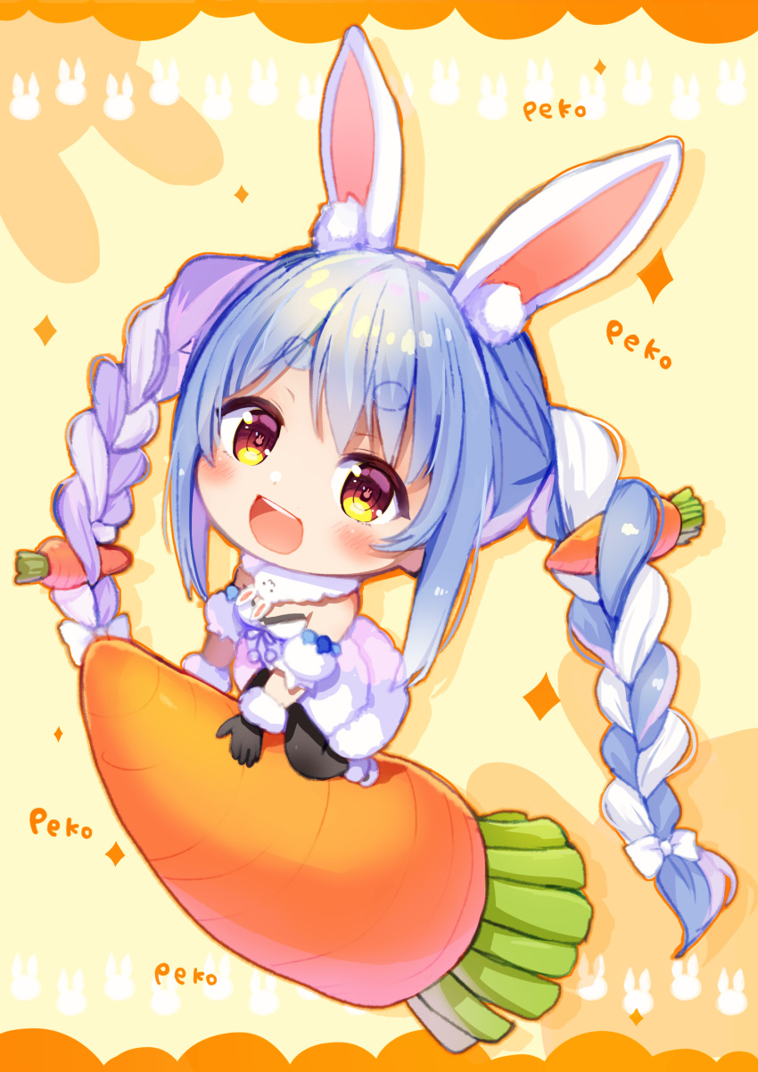 1girl, animal_ear_fluff, animal_ears, bangs, black_gloves, blue_hair, braid, bunny-shaped_pupils, carrot, carrot_hair_ornament, coat, don-chan_(usada_pekora), ekakima_kuru_(artist), eyebrows_visible_through_hair, food-themed_hair_ornament, full_body, fur-trimmed_gloves, fur_trim, gloves, hair_ornament, highres, hololive, long_hair, looking_at_viewer, open_mouth, rabbit_ears, red_eyes, short_eyebrows, smile, symbol-shaped_pupils, twin_braids, upper_body, usada_pekora, very_long_hair, virtual_youtuber, white_coat, white_hair, yellow_background
