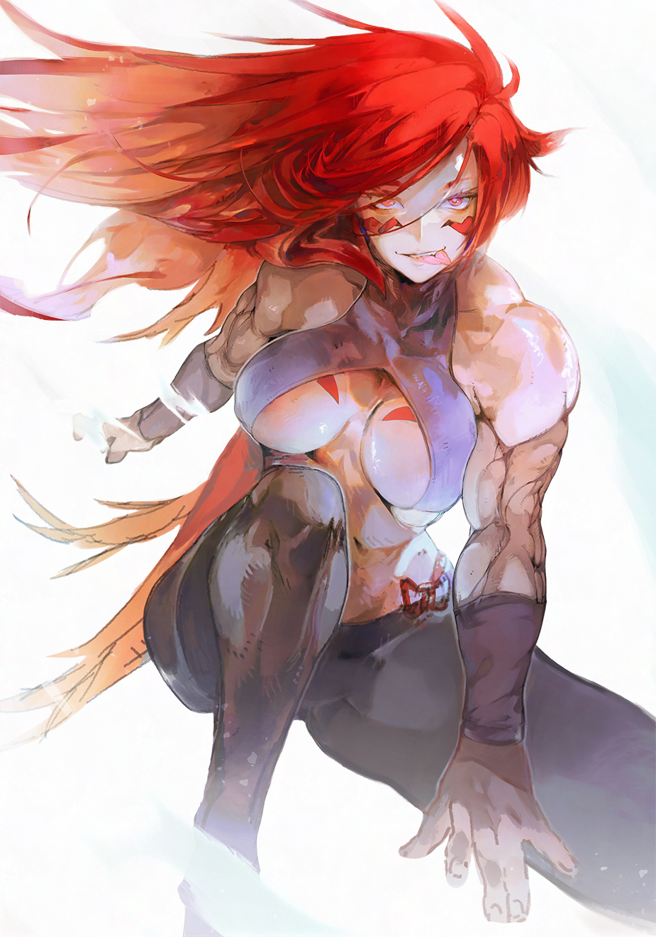 1girl, abs, aekutie, bangs, bare_arms, bare_shoulders, biceps, body_markings