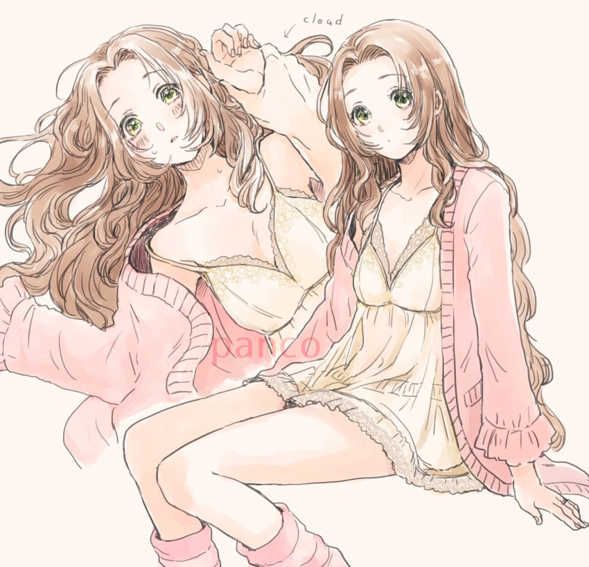 1girl, aerith_gainsborough, ancotsubu, bangs, blush, breasts, brown_hair, cardigan
