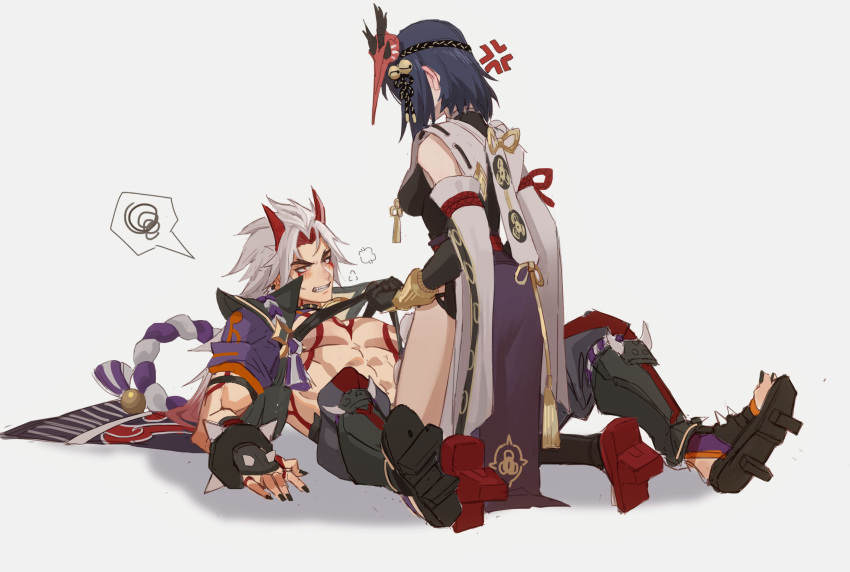 1boy, 1girl, abs, anger_vein, angry, arataki_itto, black_gloves, black_hair