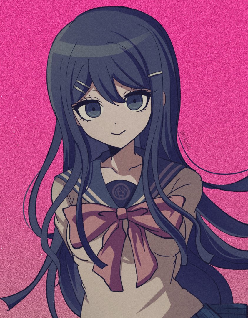 1girl, arms_behind_back, artist_name, bangs, blue_skirt, bow, bowtie, closed_mouth