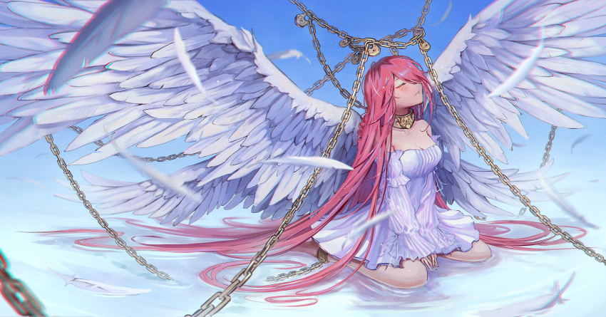 1girl, angel_wings, bare_shoulders, chain, chained, closed_eyes, collar, cuffs
