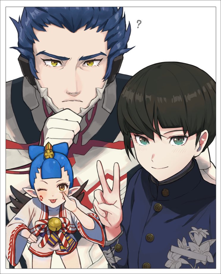 1girl, 2boys, ;p, ?, akanbe, amanozako_(megami_tensei), androgynous, aogami_(smtv)