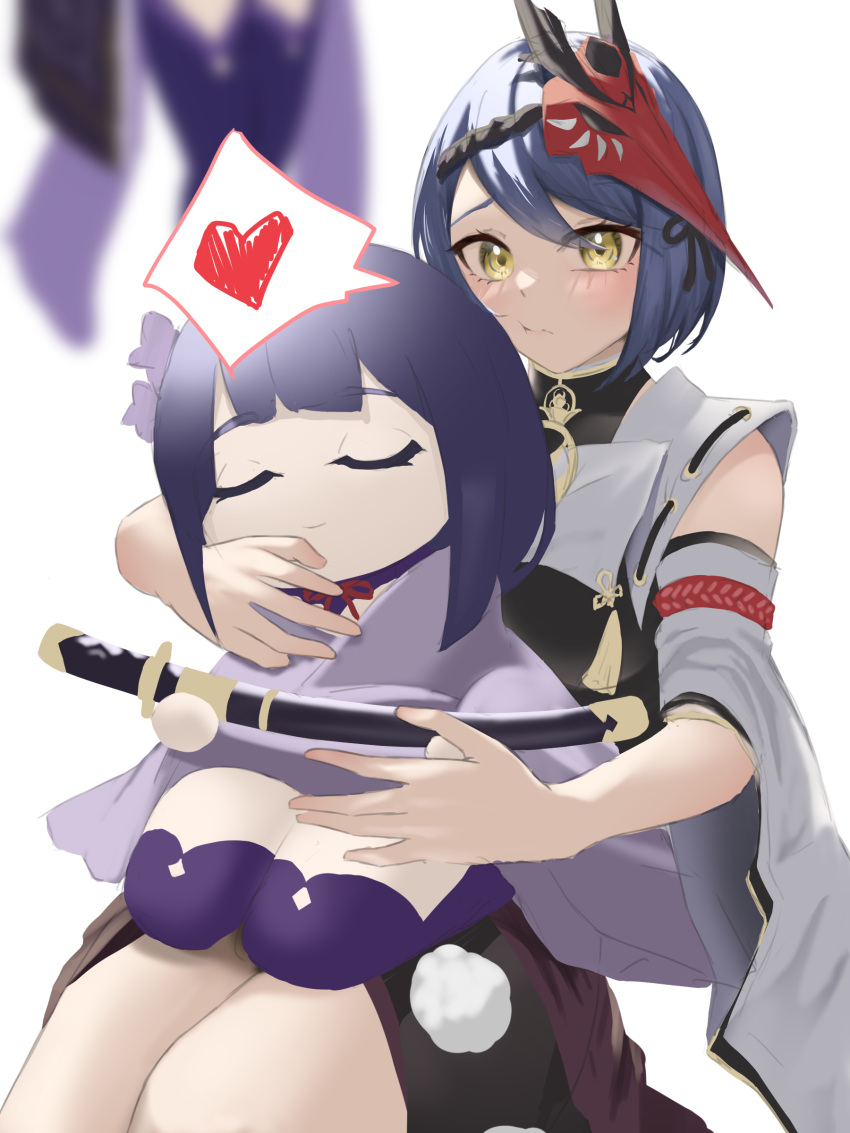 2girls, absurdres, black_hair, blush, closed_eyes, doll_hug, genshin_impact, heart