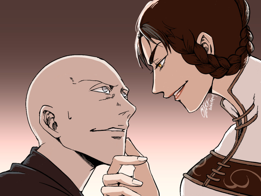 1boy, 1girl, bald, braid, brown_hair, elden_ring, grey_eyes, hand_on_another's_face