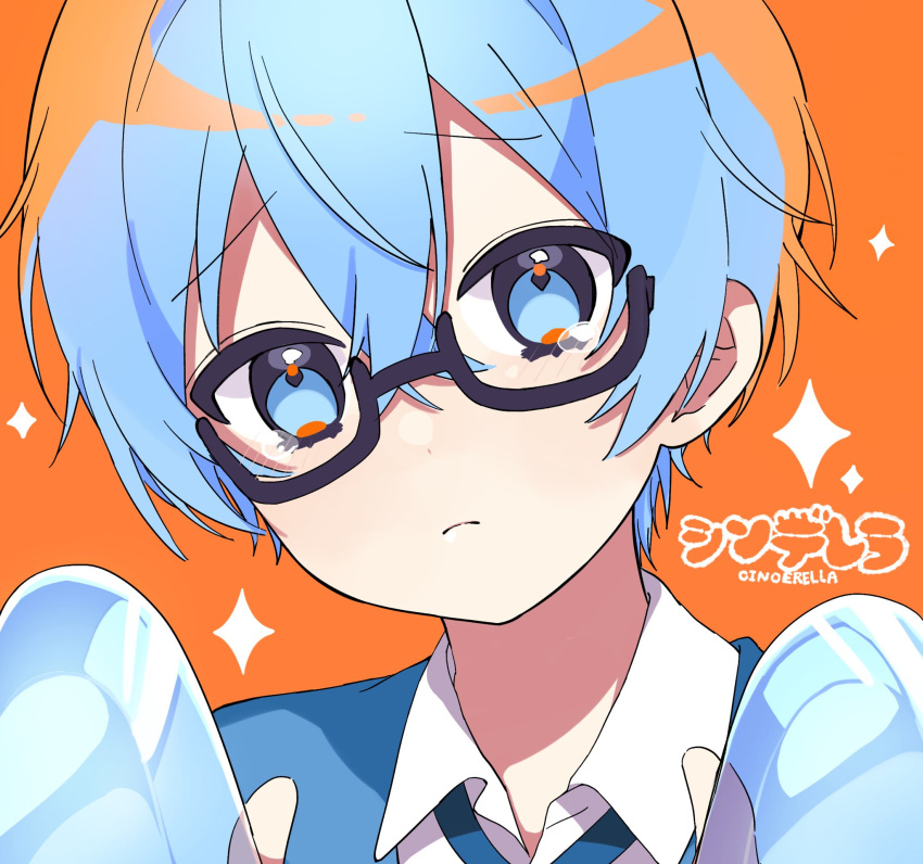 1boy, blue_eyes, blue_hair, blush, cardigan, collared_shirt, colon_(stpri), frown