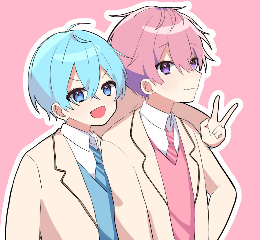 2boys, arm_around_shoulder, blue_eyes, blue_hair, colon_(stpri), highres, hosizora_(sparetime), hug, looking_at_viewer, male_focus, multiple_boys, pink_background, pink_hair, satomi_(stpri), school_uniform, short_hair, smile, strawberry_prince, v, violet_eyes