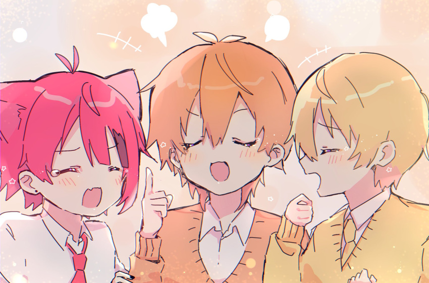 3boys, animal_ears, blonde_hair, blush, closed_eyes, dog_boy, dog_ears, facing_another