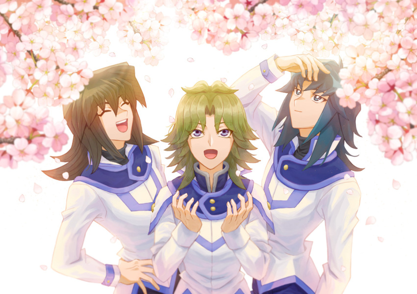 3boys, arm_up, bangs, blue_eyes, bright_pupils, cherry_blossoms, closed_eyes, duel_academy_uniform_(yu-gi-oh!_gx)