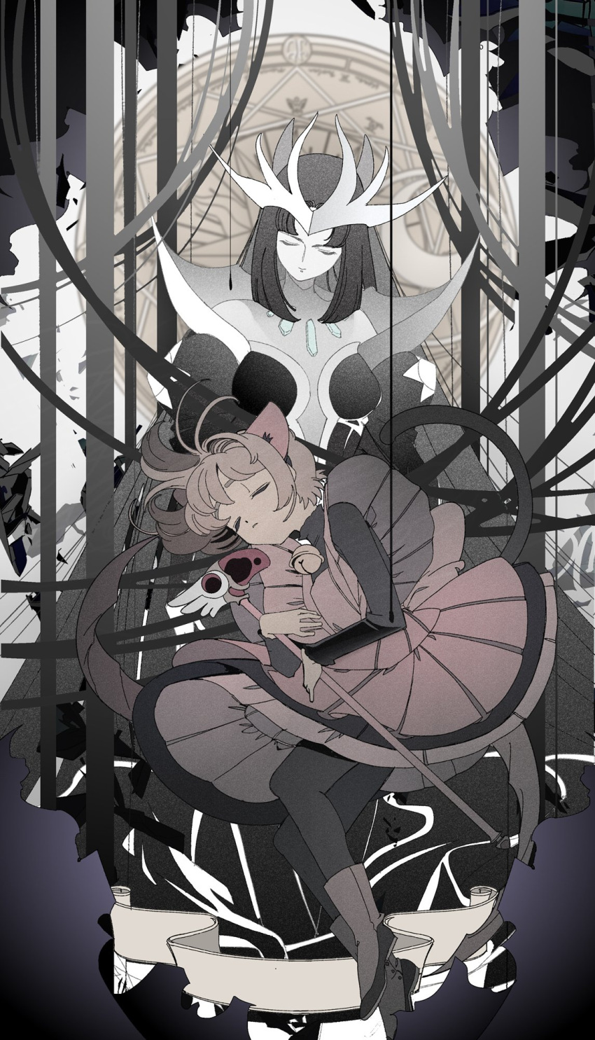 2girls, animal_ears, bell, black_hair, black_legwear, boots, brown_hair, cardcaptor_sakura
