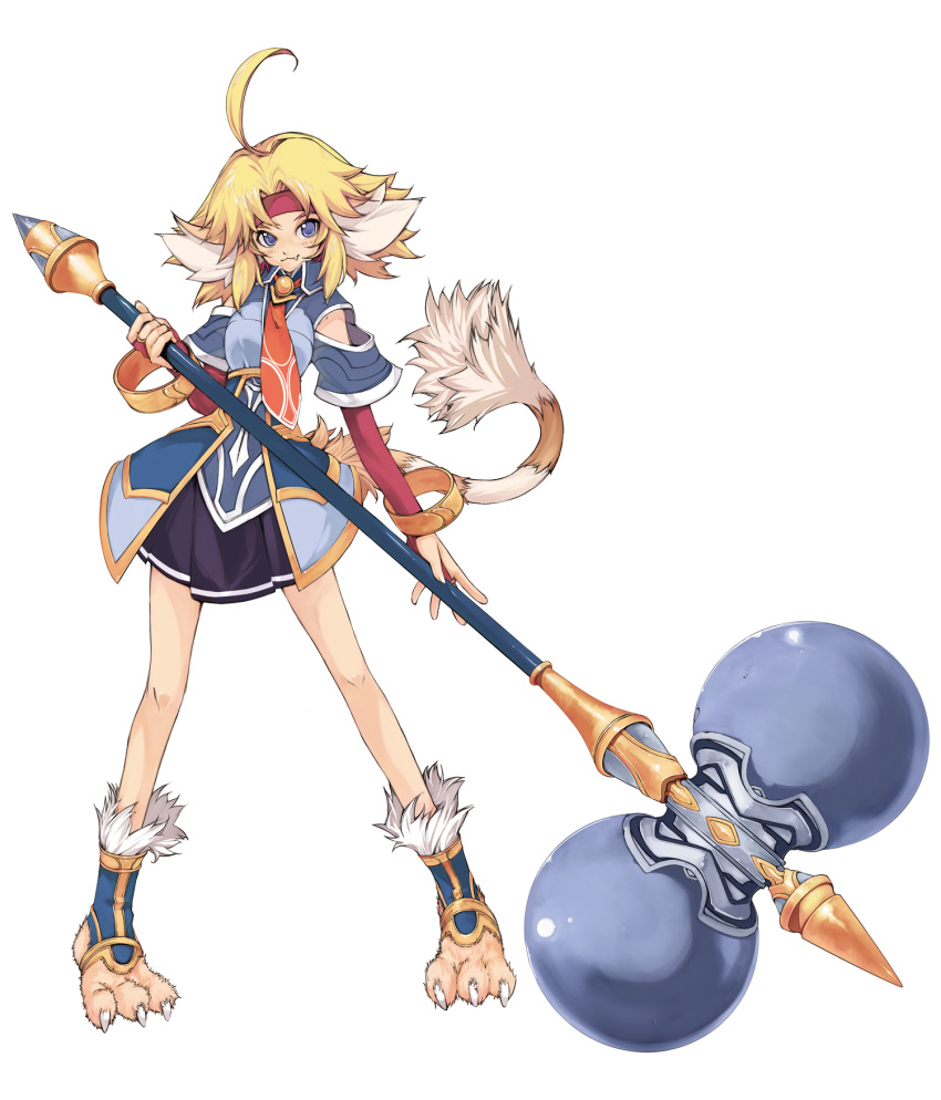 animal_ears, atelier, beast_girl, blonde_hair, blue_eyes, bridal_gauntlets, claws, fang, gust, headband, highres, mana_khemia, nekomimi, nicole_mimi_tithel, official_art, paws, polearm, solo, spear, tail, weapon, yoshizumi_kazuyuki
