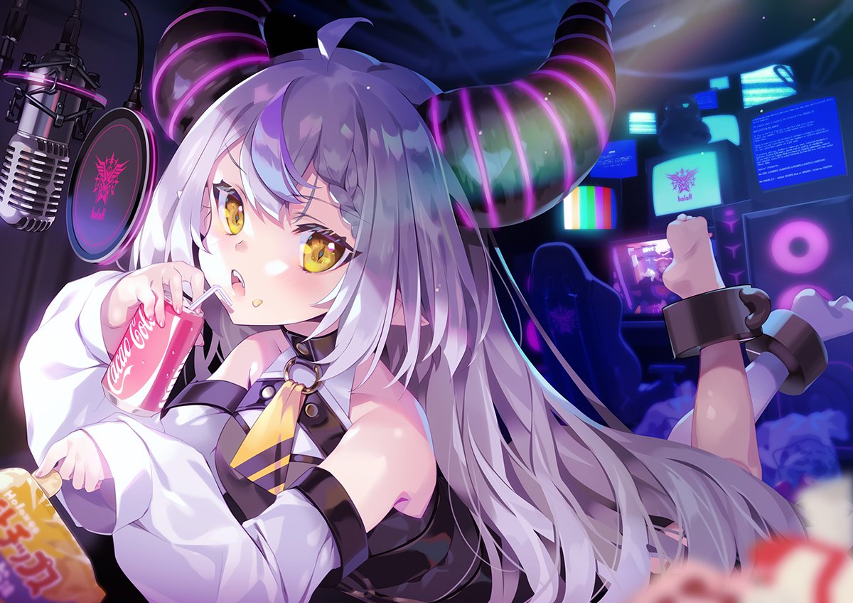1girl, barefoot, can, coca-cola, computer, detached_sleeves, drinking_straw, full_body, hololive, holox, horns, la+_darknesss, long_hair, looking_at_viewer, lying, microphone, on_stomach, open_mouth, oswald_musashi, silver_hair, soda_can, solo, teeth, yellow_eyes