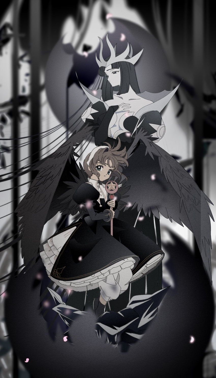 2girls, black_dress, black_hair, black_wings, brown_hair, cardcaptor_sakura, dark_(clow_card), dress