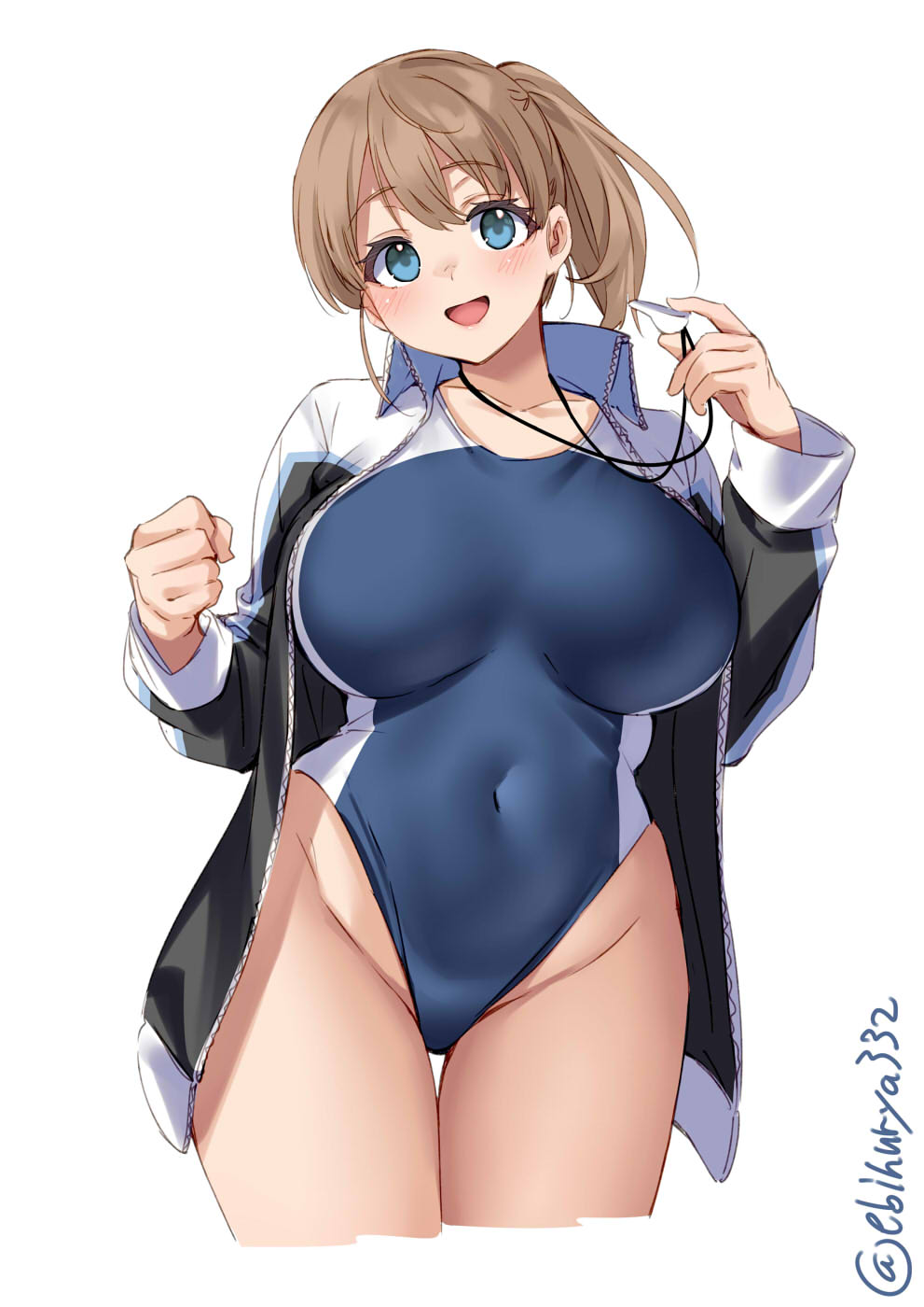1girl, bangs, blue_eyes, blue_swimsuit, blush, breasts, clenched_hand, collarbone