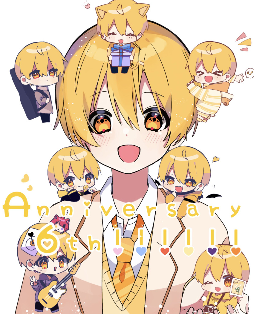 1boy, anniversary, blonde_hair, blush, chibi, facing_viewer, heart, highres